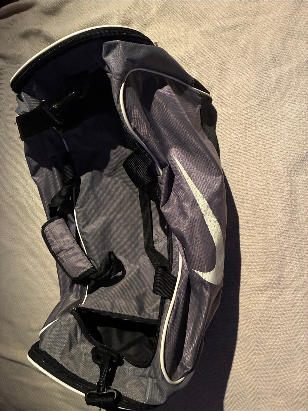 Nike Gray Duffel Bag with White Swoosh